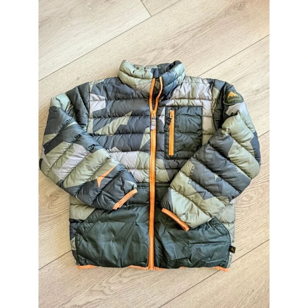 Burton Kids Geometric Camo Puffer Jacket Green Orange Zip Size S 7/8